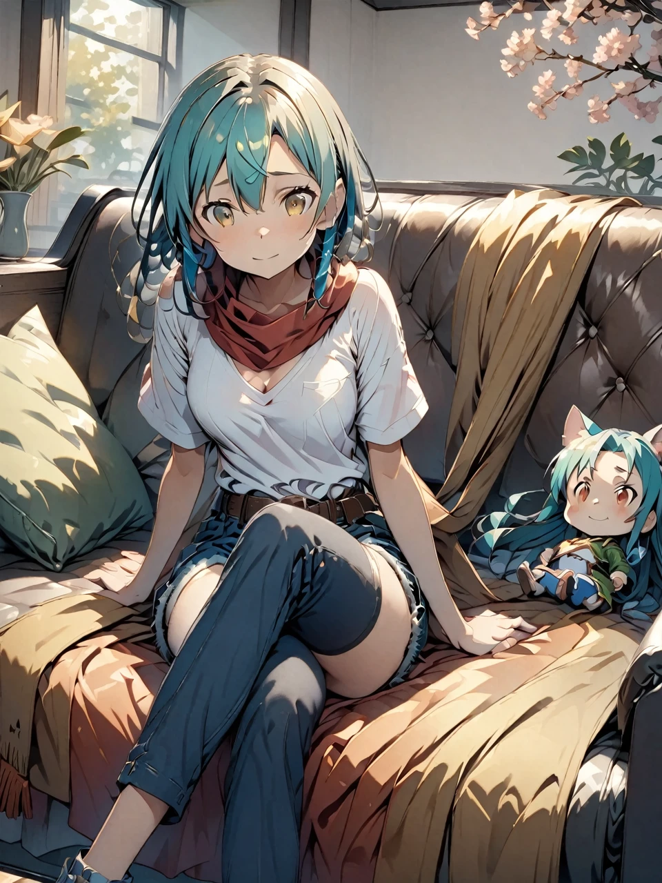 Japanese cartoon, aqua hair with gray highlights, medium breasts, golden eyes, faint smile, denim shorts, scarf, red sweatshirt, blue pants, sitting, cross-legged, smart interior, sitting on the couch , Shino Asada's face, Japanese cartoon Sword Art Online, best quality, 4K