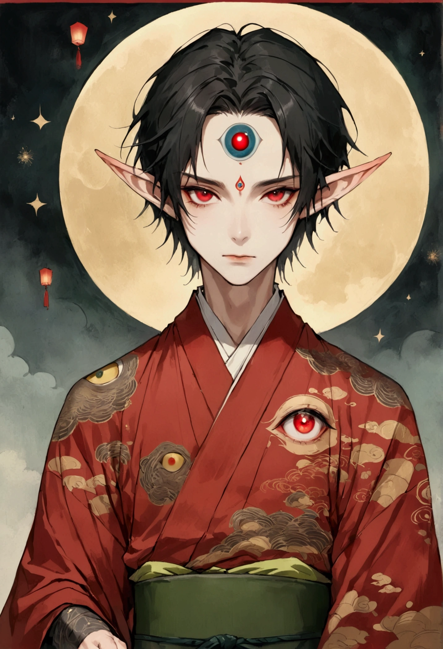 Art Illustration,Dark Style,(((1 Boy,独奏,third eye on the forehead,Elf ears))),(((Gorgeous Japanese red kimono:1.6,Eye Diagram,Dark Pattern))).(((Thin waist,Greenbelt:1.37)))whole body,Paper lanterns in the sky,Kongming Lantern,Red Rune in the Sky。Eye in the sky