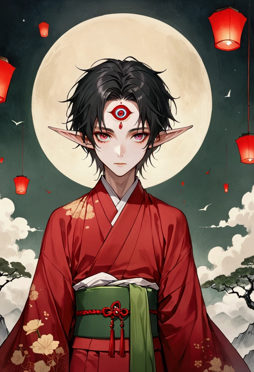 Art Illustration,Dark Style,(((1 Boy,独奏,third eye on the forehead,Elf ears))),(((Gorgeous Japanese red kimono:1.6,Eye Diagram,Dark Pattern))).(((Thin waist,Greenbelt:1.37)))whole body,Paper lanterns in the sky,Kongming Lantern,Red Rune in the Sky。Eye in the sky