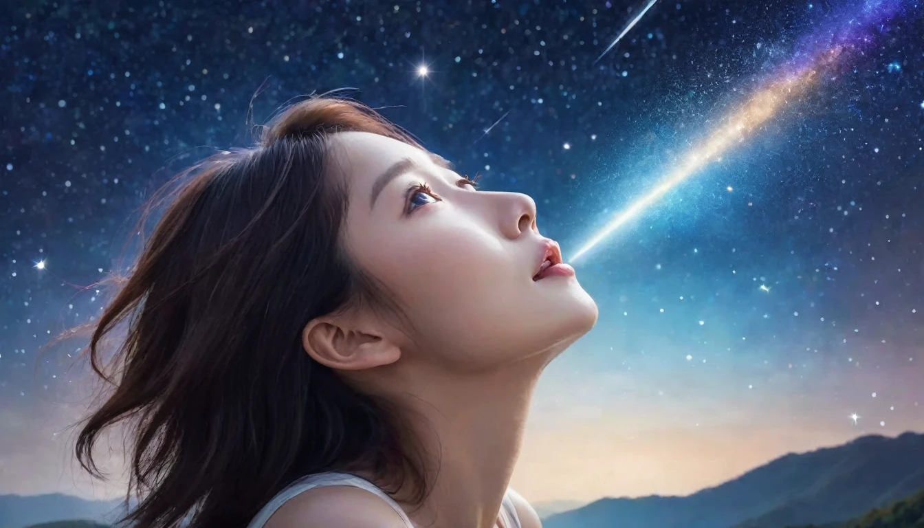 a woman looking up at the stars in the sky, floatiung in front of a nebula, falling star on the background, guangjian huang, looking to stars, many stars in sky, starry sky 8 k, shooting star in background, girl looks at the space, during a meteor storm, stars in sky, female actress from korea, meteor shower, half body