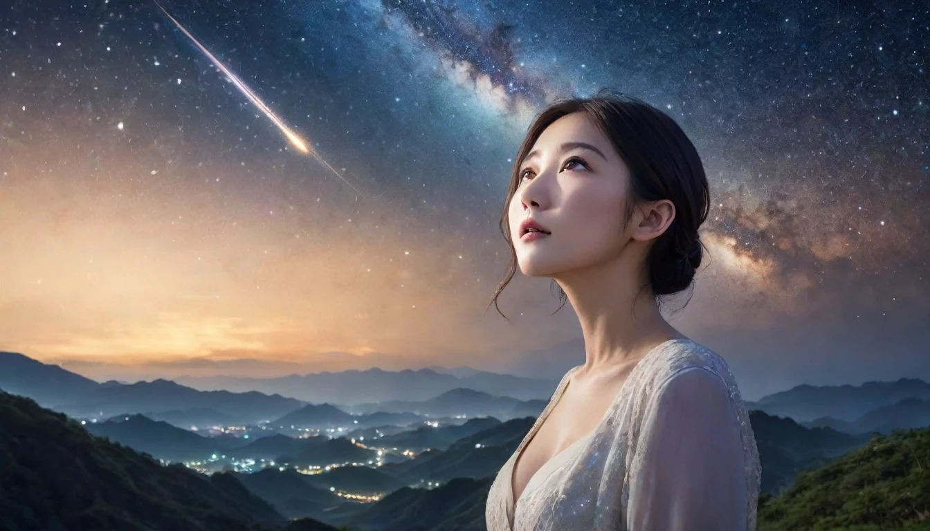 a woman looking up at the stars in the sky, floatiung in front of a nebula, falling star on the background, guangjian huang, looking to stars, many stars in sky, starry sky 8 k, shooting star in background, girl looks at the space, during a meteor storm, stars in sky, female actress from korea, meteor shower, half body