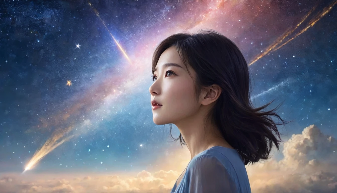 a woman looking up at the stars in the sky, floatiung in front of a nebula, falling star on the background, guangjian huang, looking to stars, many stars in sky, starry sky 8 k, shooting star in background, girl looks at the space, during a meteor storm, stars in sky, female actress from korea, meteor shower, half body