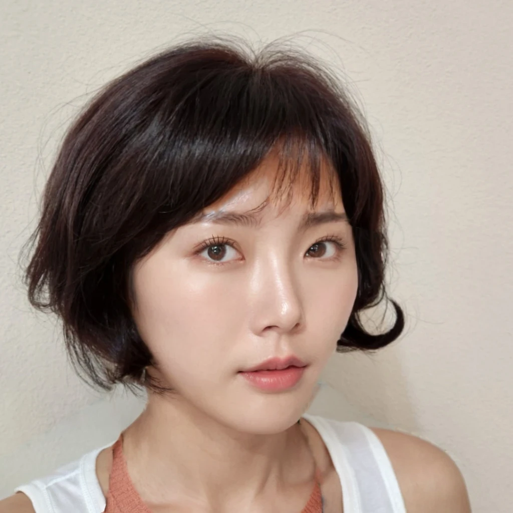 Best Quality, 8k, Masterpiece, (Portrait: 1.3), (photo realistic:1.4), (hyper realistic:1.4), Sharp Focus, looking at viewer, (smoother lighting:1.1), (increase cinematic lighting quality:0.9), realistic lighting, backlighting, light on face, ray trace, (brightening light:1.2), (Increase quality:1.4), sharp detail, (best quality real texture skin:1.4), finely detailed eyes, black_eyes, finely detailed face, 25 year old Korean woman, (sleeveless_shirt:1.4), (Create an image maintaining the original base model hairstyle:1.5)