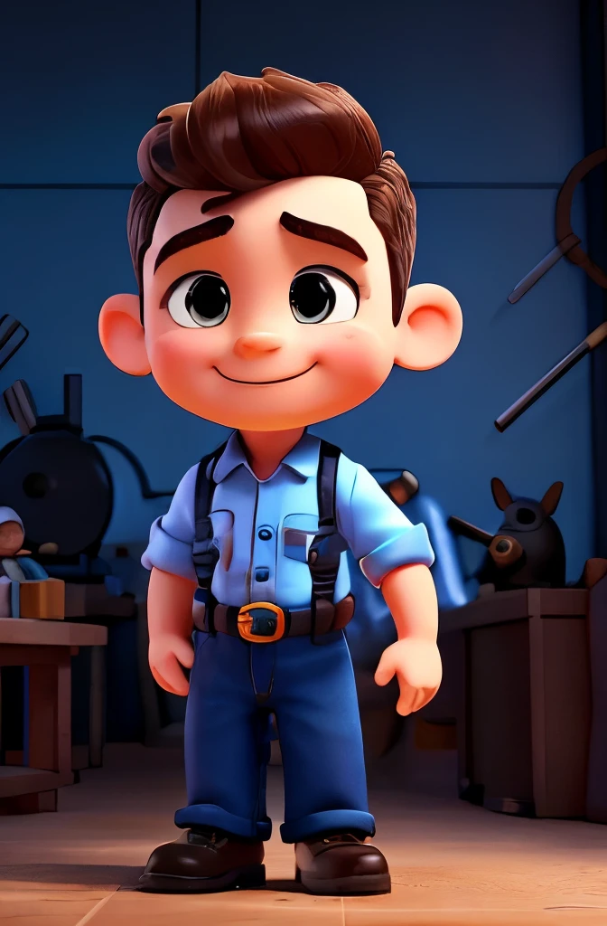 a cute little electromechanical technician man , 35 years, big head, short hair, Oval face,SMILE,fit, high, with a work helmet,Wear a dark blue dress shirt, dark blue jeans and black shoes.,toy figures, Best Quality, 3d cartoon,full body view, Fancy, dreamlike, surrealism, Lovely, trend on Artstation