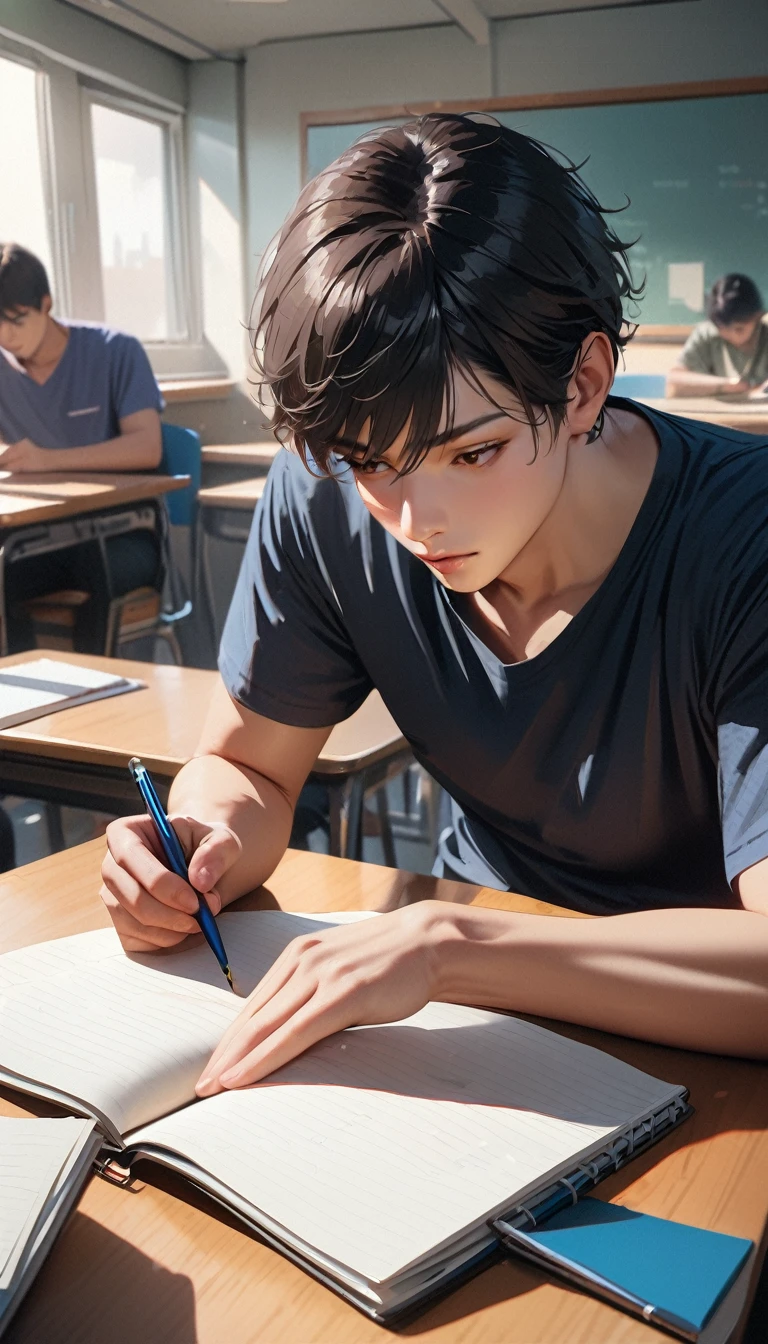 Modern, Realism, masterpiece, Textured Skin, Super Detail, best quality, 4K , A good young man,Black short hair,Taking classes at university,Writing in a notebook on the table,right handed,sit,In college classes.
