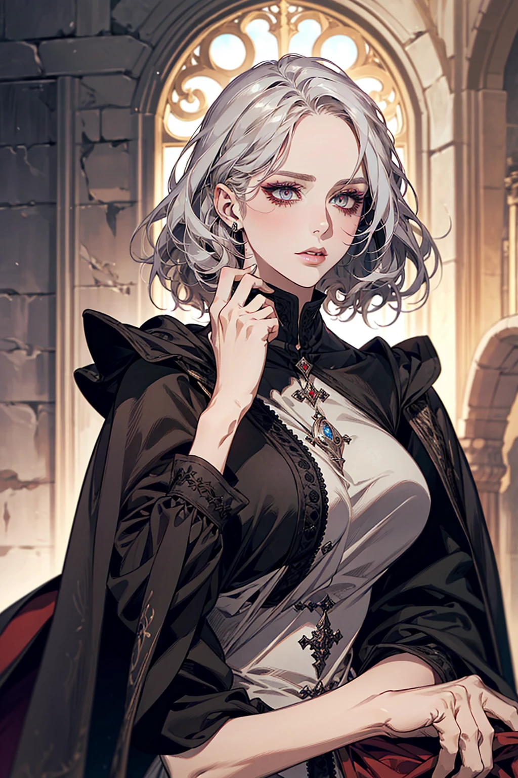 femme de 50 ans, Middle-aged European, ((trentenaire)), solo, medieval tavern, [ghotic] full lips, androgyne, [[Short hair]], (visage de forme ovale), (Heavenly Nose), wears a cape, peau claire et chaude, [[intense red eyes]], doe eyes, eyeshadow, short hair, very silver hair, very light, wavy hair, elfe ears, Long cils, ((black medieval clothes)), sexy red dress, Glow, ghotic, elegant, tendance sur artstation, makeup, lipstick, inkshadow, (((Masterpiece artwork))), ((best quality)), ((complex detailed)), ((semi-realistic)), (se concentrer uniquement), (visage parfait:1.1), (high detail:1.1), dark