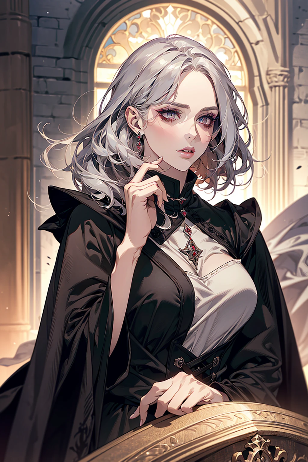 femme de 50 ans, Middle-aged European, ((trentenaire)), solo, medieval tavern, [ghotic] full lips, androgyne, [[Short hair]], (visage de forme ovale), (Heavenly Nose), wears a cape, peau claire et chaude, [[intense red eyes]], doe eyes, eyeshadow, short hair, very silver hair, very light, wavy hair, elfe ears, Long cils, ((black medieval clothes)), sexy red dress, Glow, ghotic, elegant, tendance sur artstation, makeup, lipstick, inkshadow, (((Masterpiece artwork))), ((best quality)), ((complex detailed)), ((semi-realistic)), (se concentrer uniquement), (visage parfait:1.1), (high detail:1.1), dark