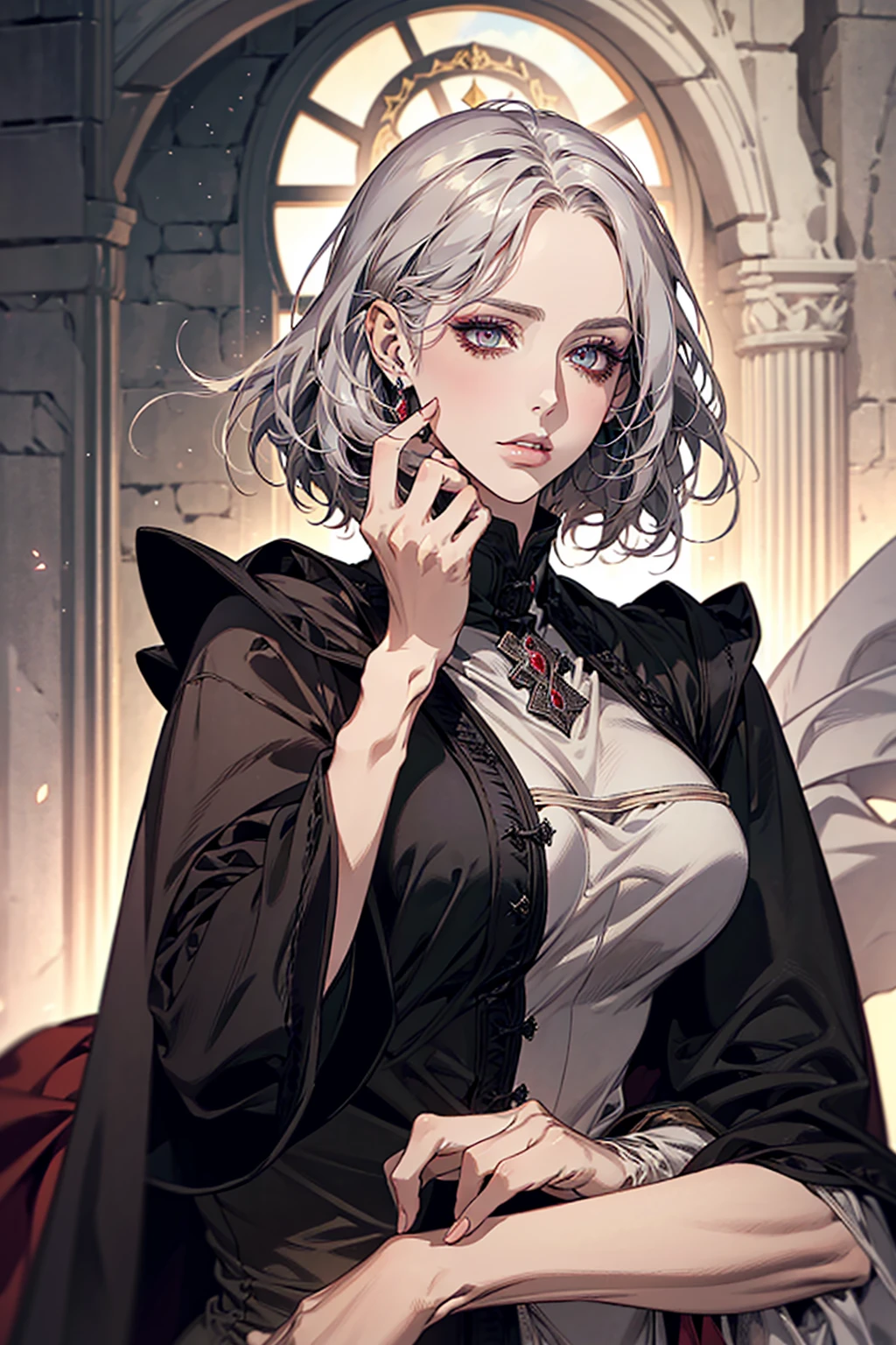 femme de 50 ans, Middle-aged European, ((trentenaire)), solo, medieval tavern, [ghotic] full lips, androgyne, [[Short hair]], (visage de forme ovale), (Heavenly Nose), wears a cape, peau claire et chaude, [[intense red eyes]], doe eyes, eyeshadow, short hair, very silver hair, very light, wavy hair, elfe ears, Long cils, ((black medieval clothes)), sexy red dress, Glow, ghotic, elegant, tendance sur artstation, makeup, lipstick, inkshadow, (((Masterpiece artwork))), ((best quality)), ((complex detailed)), ((semi-realistic)), (se concentrer uniquement), (visage parfait:1.1), (high detail:1.1), dark