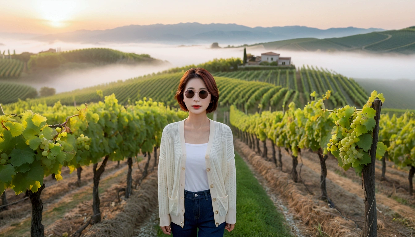 Post Creativity Upscale Transformation Upscale Download Generation Data Prompt Txt2Img 8k Realistic, lifelike photo,, 36 year old Korean woman, Short in stature, pretty like a model. front view, White shirt and short cardigan, casual pants, short medium hair, Smiley, Italy. vineyard, thick dawn fog. vineyard 지나 짙은 안개 속으로 저 멀리 성당이 보인다. Full body shot from afar with a wide angle lens , 1 woman, Short in stature, looking at the camera, Excellent picture quality, The morning fog is thick, The picture quality is alive. Full body shot with Canon 16-35 wide angle lens, Wearing sunglasses and looking up to the side