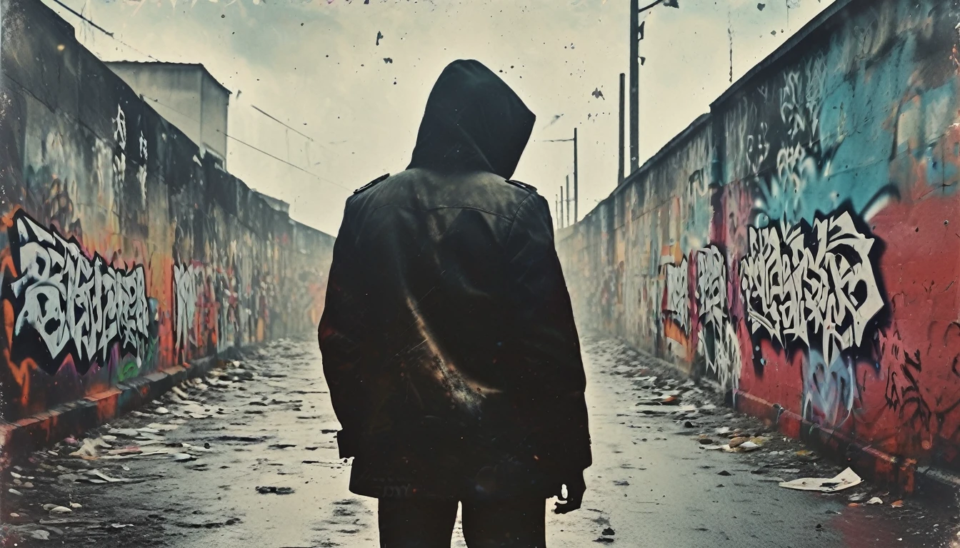 illustration reflecting street art style, a lone figure, seen from the back, faces a vibrant, abstract graffiti wall under a bright sky, figure's attire and the graffiti incorporate dynamic colors and bold strokes, conveying movement and urban energy in a digitally rendered, high-resolution image --ar 9:16 --stylize 700