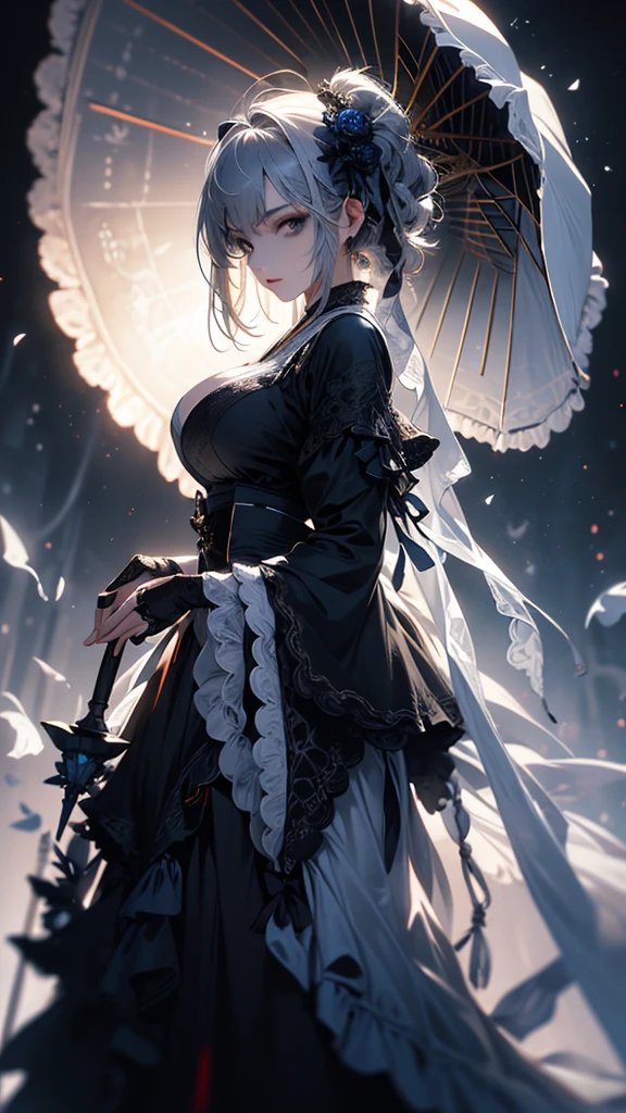 masterpiece, high quality, 4K, Beautiful design, silhouette，Gray Hair， Highly detailed time and space， wonderful, Finer details,  Very knowledgeable woman, Highly detailed solo, 1 female,Big Breasts，Gothic Lolita Fashion，Night view，Use a parasol，