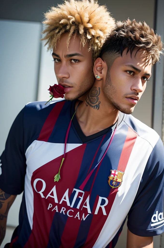 Neymar with the Barcelona shirt and a rose in his mouth