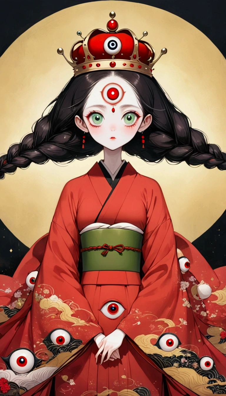 Art Illustration,Dark Style,(((1Princess wearing a crown,Double braid,独奏,third eye on the forehead,big eyes))),(((Gorgeous Japanese red kimono:1.6,Eye Diagram,Dark Pattern))).(((Thin waist,Greenbelt:1.37)))whole body
