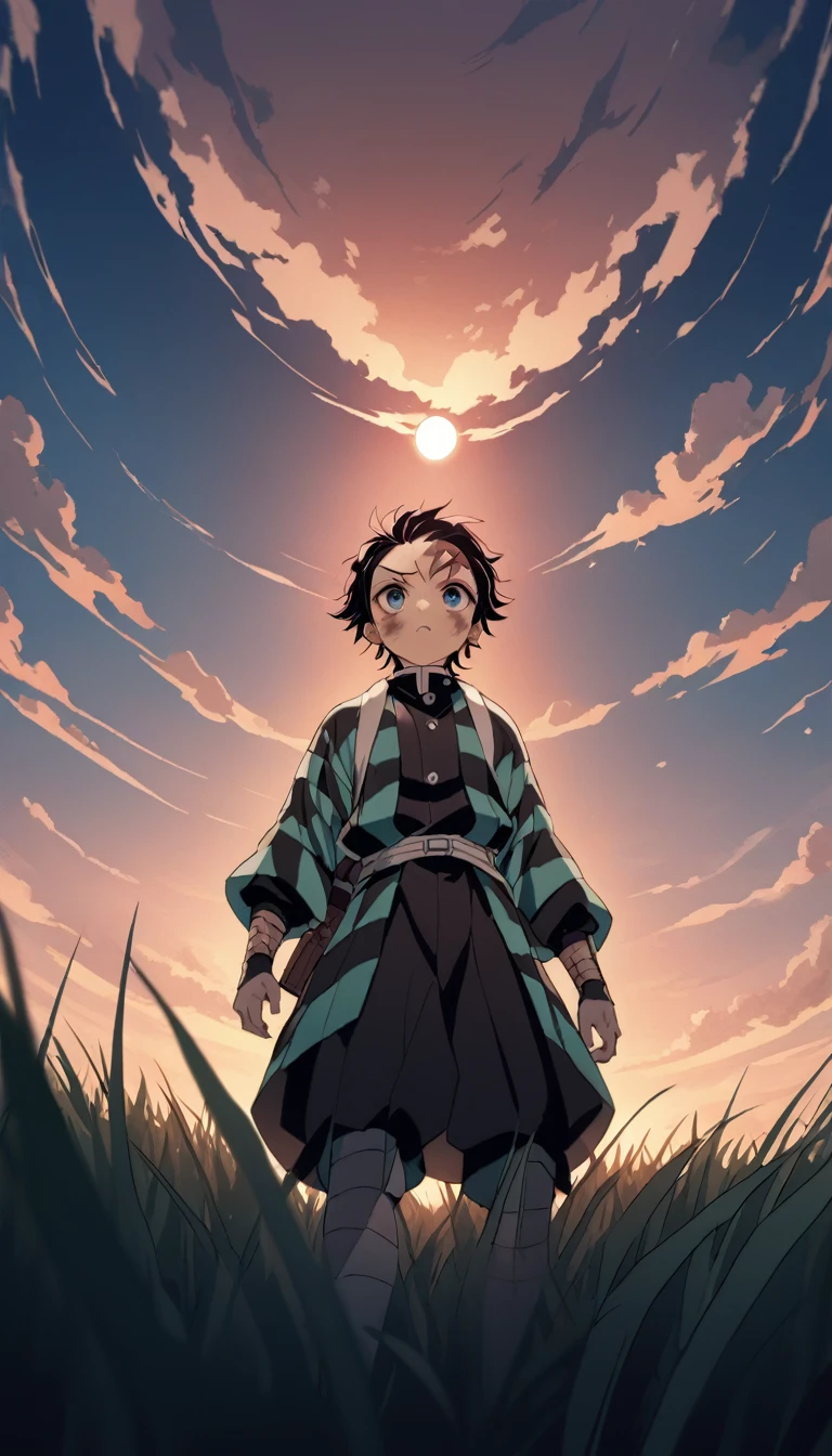 Tanjiro (Boy)  from Demon Slayer, scar on forehead, standing in the plain grass looking up into the sky with pure blue clouds and the clouds are forming, dirty face, cinematic angle, foreshortening, dark, masterpiece, best quality, cinematic, sunset