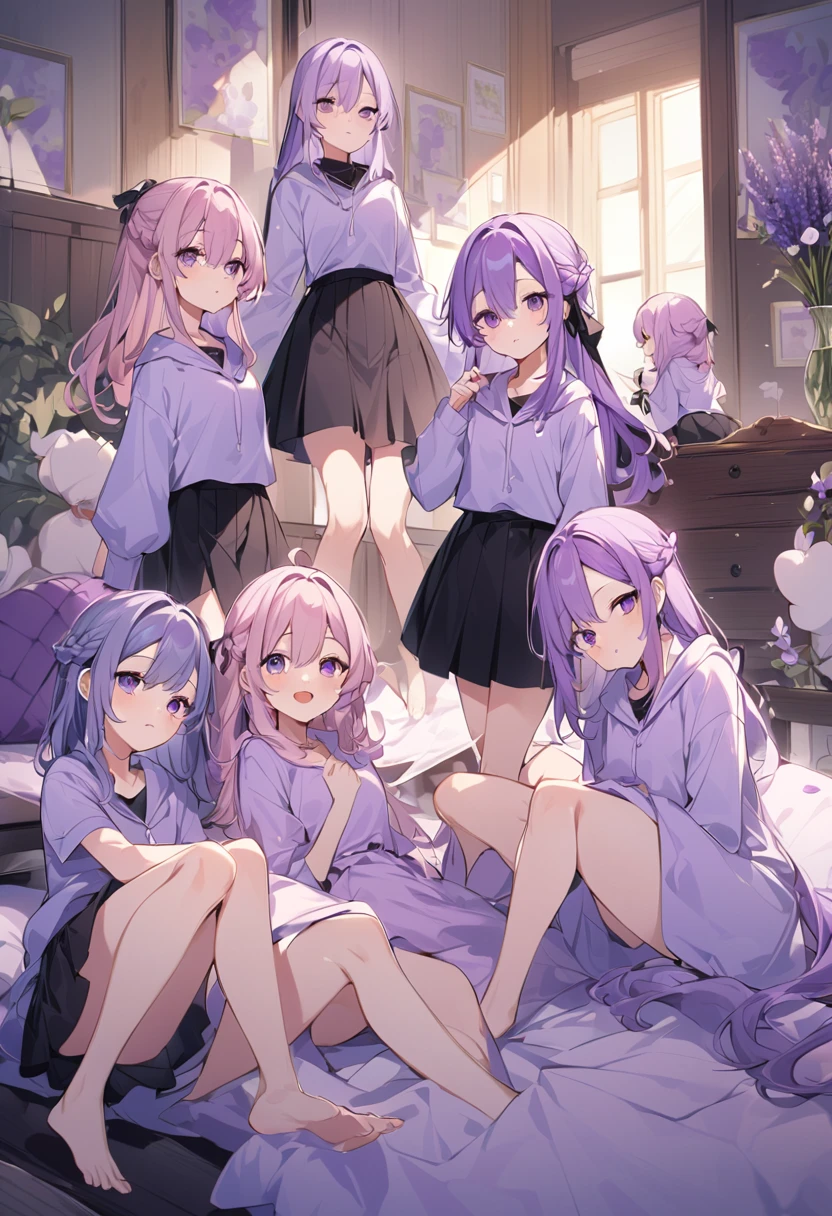 Keito。Purple hoodie。Black Skirt。Purple Eyes。barefoot。six sisters。They both have lavender hair。all female。Sextuplets。Purple bed