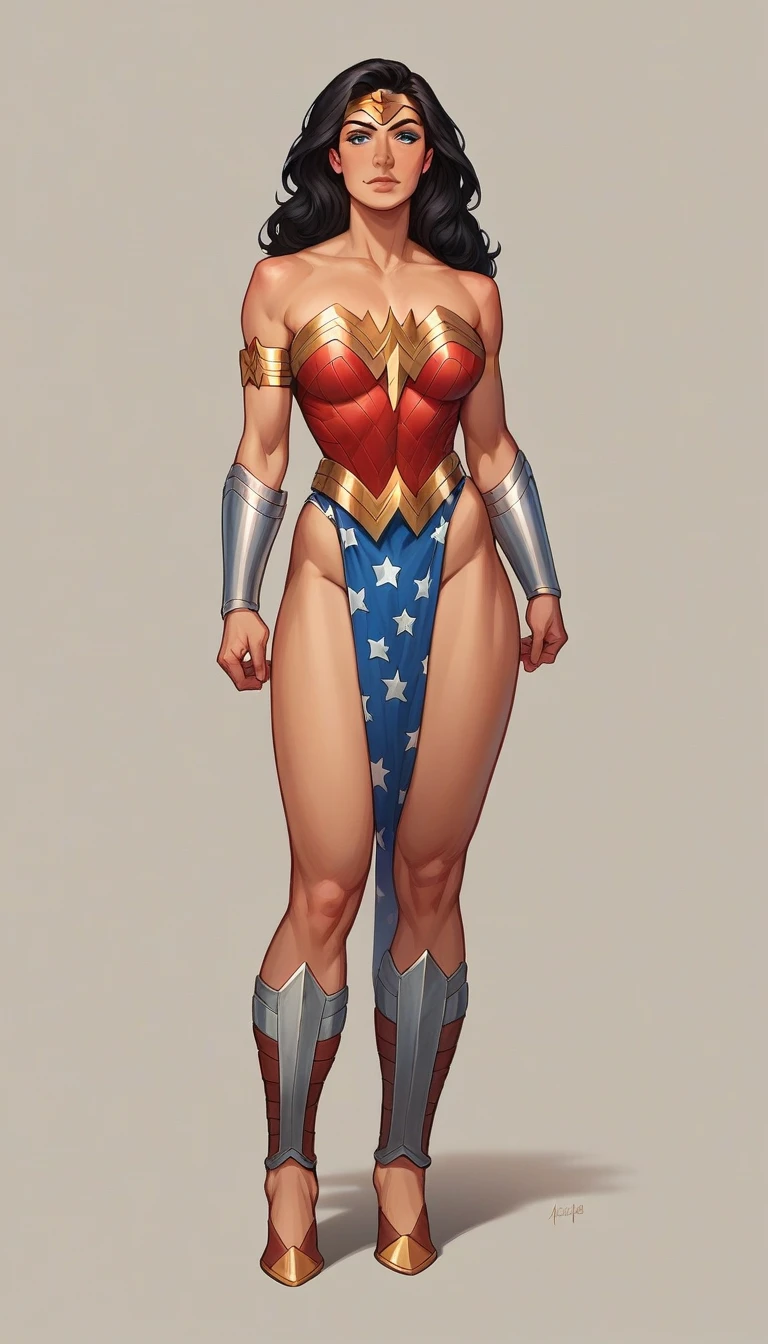 ((Full body photo, standing, on the ground)) a 20 year old American woman wearing wonder woman outfit, athlete's body, beautiful body, standing, beautiful Arab princess wearing gladiator outfit