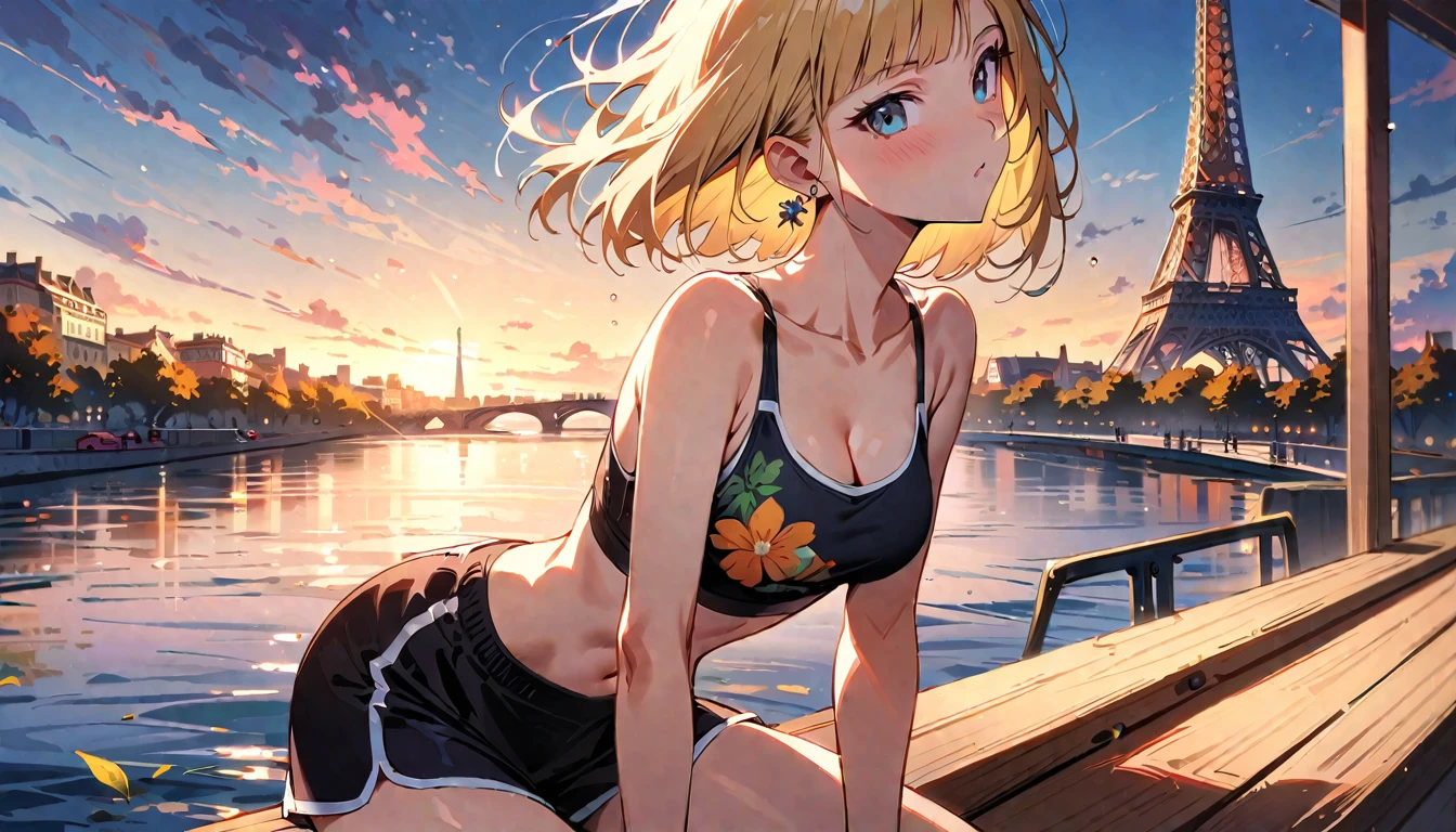(masterpiece, best quality:1.2),1girl, (solo), Android 18 from Dragon Ball, ((floral print black sport bra, black dolphin shorts)), medium breasts, blunt bangs, blonde short hair, black eyes, earrings on earlobes, slim, slender feminine figure, skinny body, blush, magnificent view, blur background, 8K, the Eiffel Tower, collarbone, riverside, sky, sunny, sit on the bench, meditation,