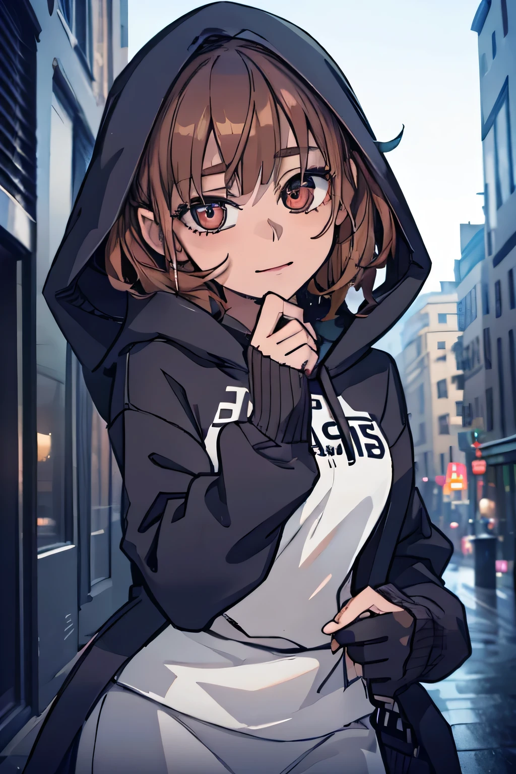 A cute girl in a hoodie, middle short brown hair, smiling, street fashion, , (best quality,4k,8k,highres,masterpiece:1.2),ultra-detailed,(realistic,photorealistic,photo-realistic:1.37),detailed eyes,detailed lips,extremely detailed face,longeyelashes,intricate details,warm lighting,soft focus,vibrant colors,cute,adorable,elegant