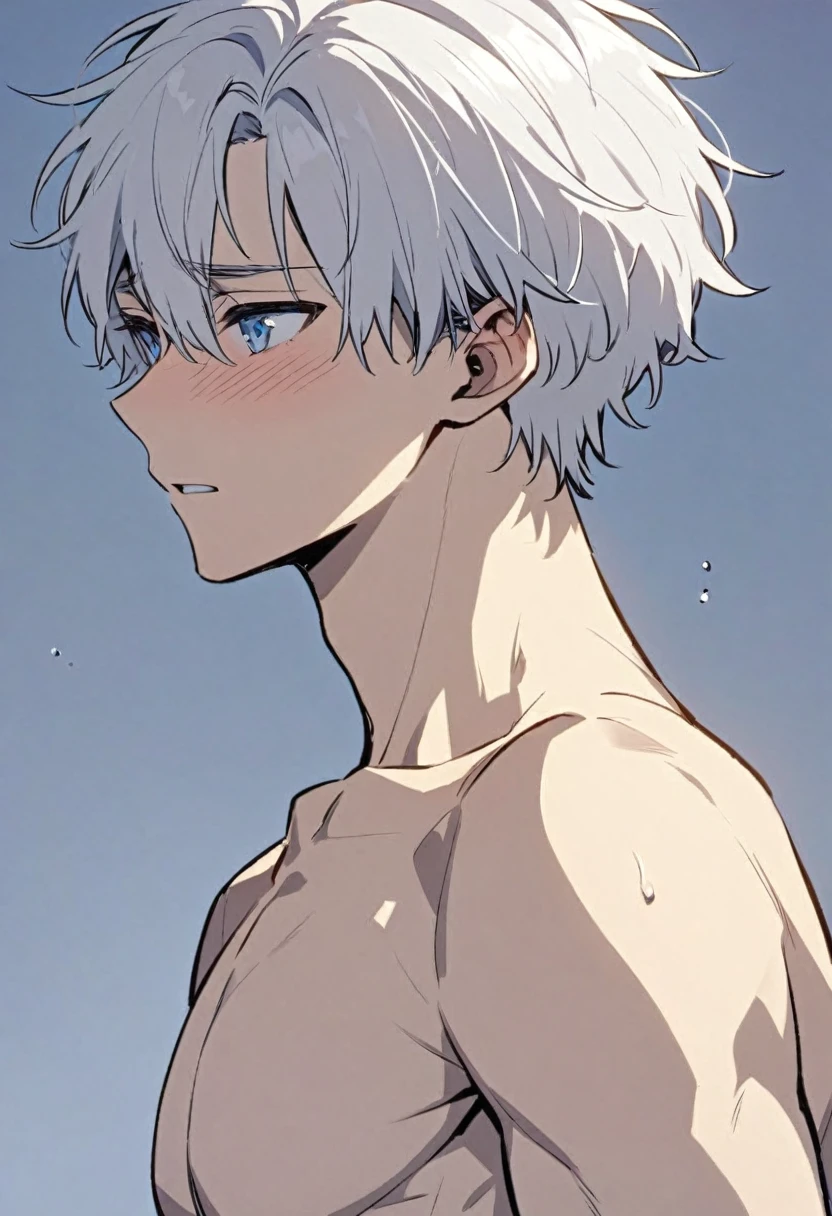 Handsome, solo, male, short hair, soft boy, young, white hair, blue eyes, shirtless, shy, slightly muscular