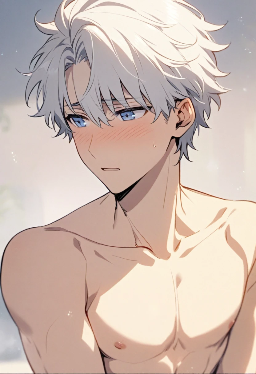 Handsome, solo, male, short hair, soft boy, young, white hair, blue eyes, shirtless, shy, slightly muscular