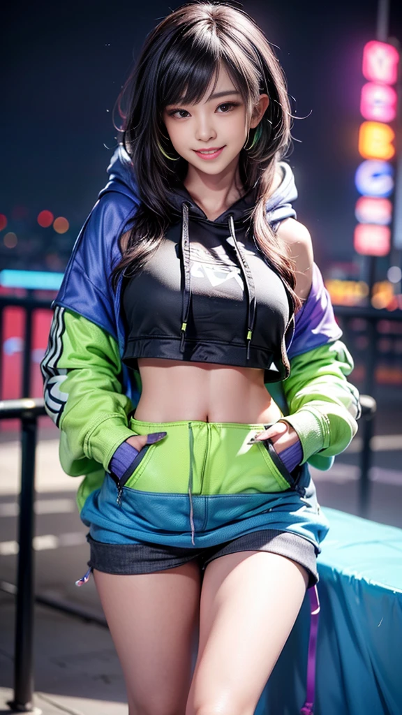 ((masterpiece, best quality, Highest image quality, high resolution, Reality, RAW photos, 8K)), Ultra wide angle, 1 Girl, (Lower Bust:1.4),(Smile:1.5),Colorful underwear,(((Bright colors))),Long messy colored hair:1.35,Complex hairstyle,Beautiful and delicate eyes,(Lower abdomen,Willow Waist,Wide hips,Model physique,Inflatable legs,Detailed body), Cute big breasts,((((Colorful cropped hoodie,)))), Colorful little wings,(Dynamic poses:1.0),Just focus,Neon lights are particularly eye-catching, at night, starry night, universe, Art Photography,(Photo by sldr),high resolution, Clear focus, (Realistic artwork:1.37),(extremely detaild的 CG unified 8k wallpapers),((Synthwave Background Theme)),complex,It的 a perfect face,Perfect facial details,Realistic face,Live photos,