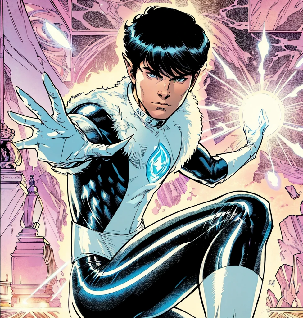 American classic comic book art: Mind Telepathy, handsome delicate ethereal young man, silky black short hair with bangs, tight black and white outfit with white fur collars, pointed ears, black tight leggings, long white gloves, emanating white energy, very young face boy Asian, ethereal male delicate body, Northstar Marvel, big city,butt, thighs, levitating crystals, magic light pink energy, white eyes, focus on face, classic comic book