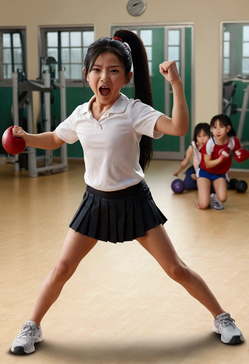 Photorealistic, One girl, Long Hair, Black Hair, Gym,(ponytail),(NUDE),Excited, Fighting Pose, A light smile, Primary school students, 7 years old、Spread your legs、(((No neck、The neck is cut、Blood is coming out of the neck、Behead、grotesque、it hurts、Ryona、Bleeding)))