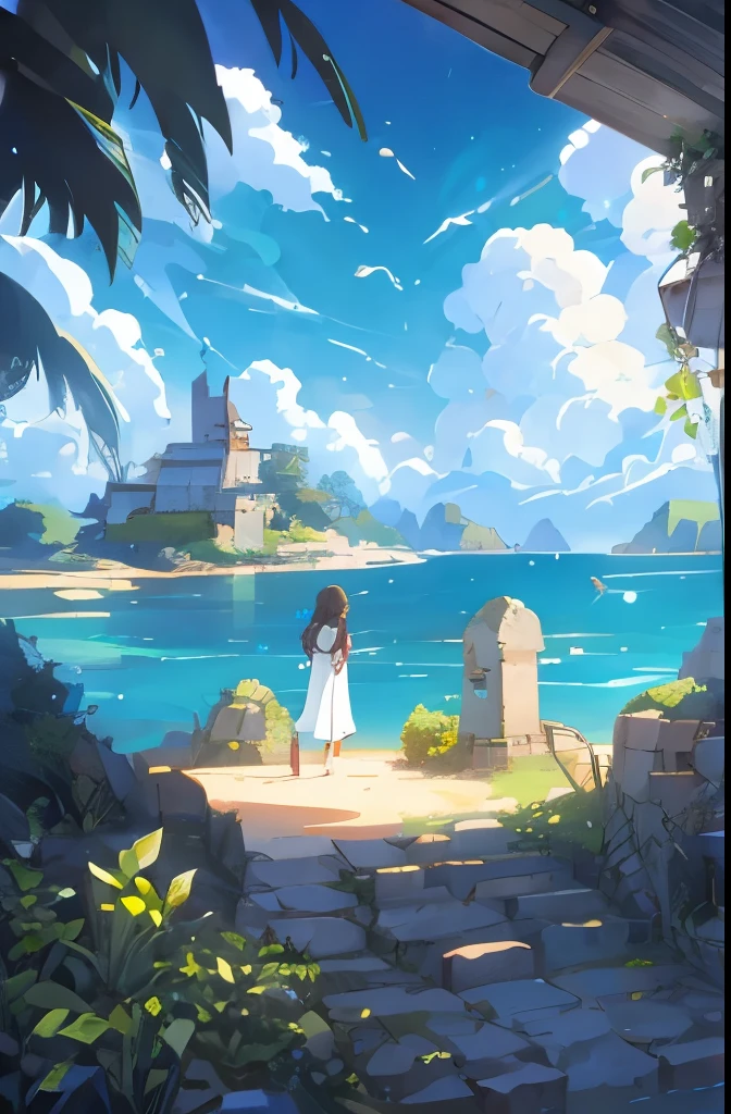 (masterpiece, Highest quality), sea float island , Mysterious Island ,ancient castle, (1animegirl)
