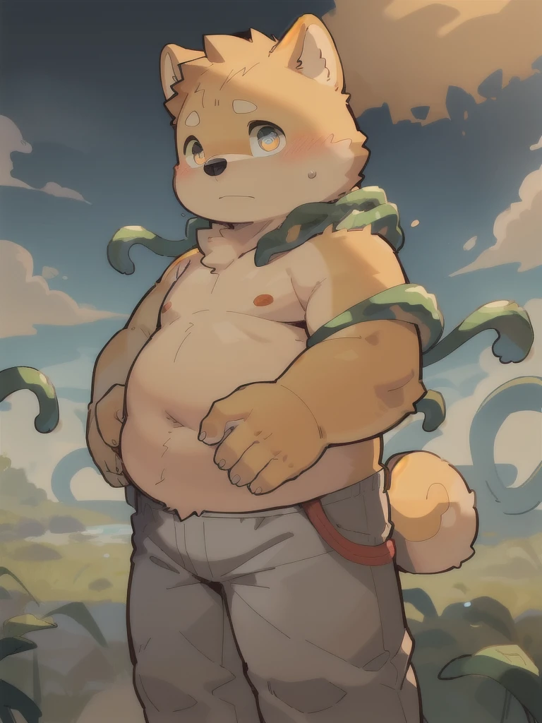 masterpiece, best quality, Perfect anatomical structure, Bright Eyes, Big watery eyes, Provided by RUHU1145, hairy, (Shiba Inu)，Boys, Solitary，Shy，White pants，Shirtless，(Chubby body)，(Red nipples)，Tentacle entanglement