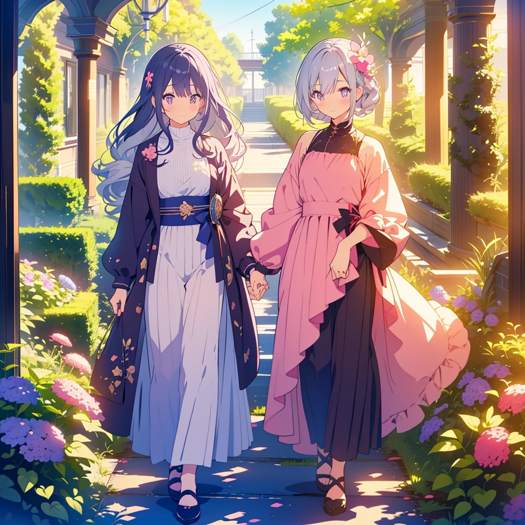 kawaii, anime, Cute, hyper quality, highly detailed, 16k, Clarity, full body, one twenty year old woman, Shining long silver hair, lapis lazuli eyes, verbena flower, verbena flower field, purple verbena flowers, pink verbena flowers, Walk along the flower brick path, walk, He has a black cat at his feet., clear sky, particles of light, shrubbery barbera flowers, Draw facial expressions in detail, wink, 	