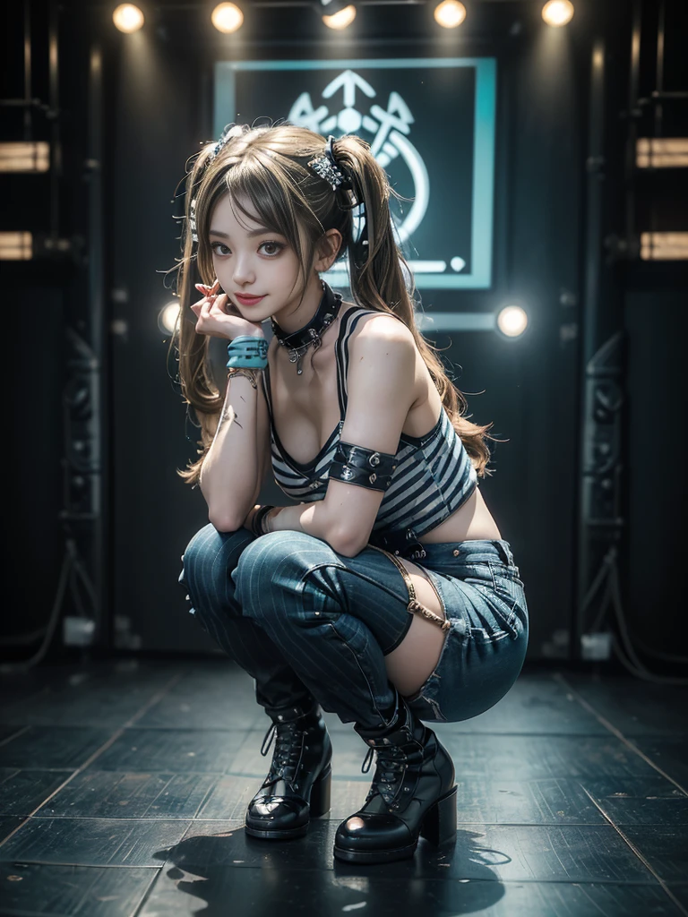 (Full body image:1.3)、(Side view:1.1)、(Smiling with teeth showing:1.3),(Shibuya Gal:1.5)、(Fashion in the style of Gothic Lolita:1.5)、(Punk rock visual kei:1.5)、(Wearing a rhythmic gymnastics bodysuit with intricate details:1.4)、(Complex white racing suit and pants, Denim and turquoise decor:1.5)、(Denim with turquoise and white boots:1.3)、((belt))、(A number of subtle logos are featured throughout the costume々:1.4)、(collar:1.3)、(Striped underwear:1.5)、20-year-old、Browsing Caution、((Highest quality、In 8K、masterpiece:1.3))、Sharp focus:1.2、(Layered Cut、Huge boobs:1.1),Beautiful woman with perfect figure:1.4、(Sexy gravure squatting pose:1.3)、Slim Abs:1.2、Highly detailed face and skin texture、Detailed eyes、double eyelid,(Twin tails:1.3)、(Brownish golden hair:1.3)、Idol Sculpture、(The background is the stage for a fashion show:1.3)、(The body is slim:1.3),(Slimming your legs:1.4),（clavicle:1.1）、(Thin thighs:1.2)