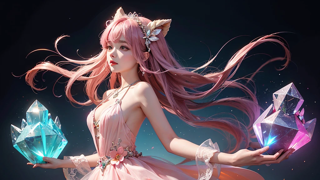 Highest quality，masterpiece，16K，One girl, bangs, Exposing shoulders, chest, flower, dress, From the side, gem,Colorful crystals,Crystal Headwear,There are many 結晶s on the clothes,Colorful gradient hair,カラフルなdress,Colorful crystals floating,Body crystals,Crystal Necklace,Colorful crystallization decoration,crystalline girl, jewelry, Long Hair, compensate, medium chest, Pink Hair, alone, Pale pink and pale orange background,