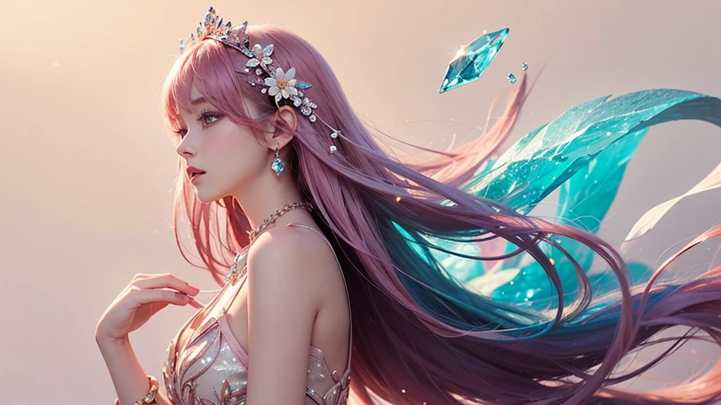 Highest quality,masterpiece,16K,One girl, bangs, Exposing shoulders, chest, flower, dress, From the side, gem,Colorful crystals,Crystal Headwear,There are many 結晶s on the clothes,Colorful gradient hair,カラフルなdress,Colorful crystals floating,Body crystals,Crystal Necklace,Colorful crystallization decoration,crystalline girl, jewelry, Long Hair, compensate, medium chest, Pink Hair, alone, Pale pink and pale orange background,