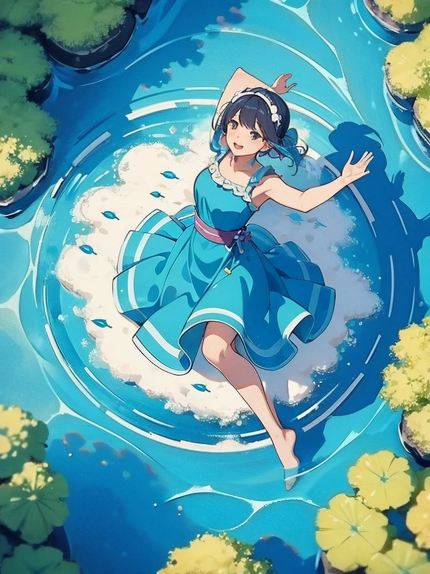 深いPool上に立つ, ((from above:1.5)), From above, Overlooking、Woman dancing in a dress、Bottom Fish, Lots of aquatic life, Pool, Fish shadow
