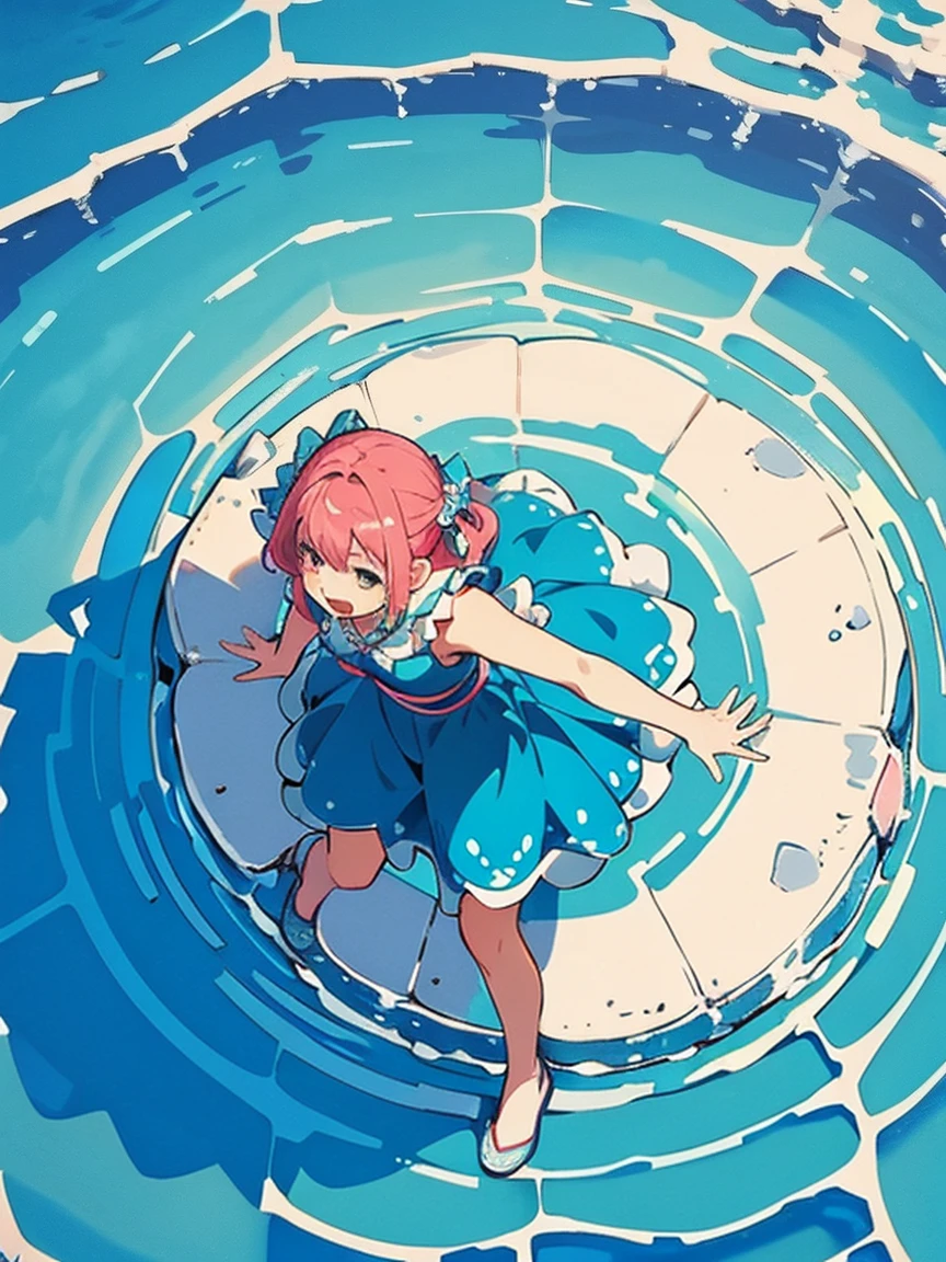 深いPool上に立つ, ((from above:1.5)), From above, Overlooking、Woman dancing in a dress、Bottom Fish, Lots of aquatic life, Pool, Fish shadow