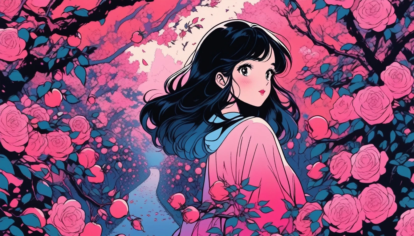 ilustrador, Japanese cartoons , Practical ,sketch , 1 Girl, black hair, lips, Order, pink gradient background, There are many apples on the rose trees around，Neon hair,Texture cropping, Canada, (In the flowers,best quality)，16:9 Landscape screen，