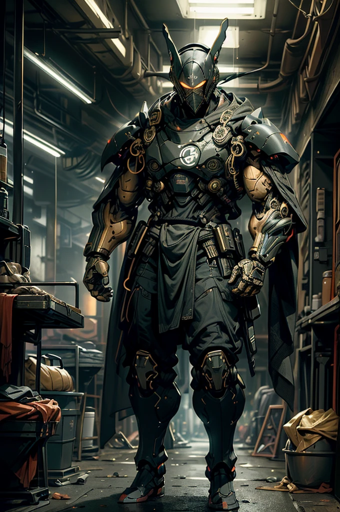 (masterpiece, best quality, ultra-detailed), Shinobi Kage-X1 mecha, 8 meters tall, 15 tons, hybrid-electric propulsion system with silent modules, lightweight composite materials with stealth coating, sleek and agile design, equipped with plasma blades, precision energy blasters, smoke grenade launchers, advanced stealth capabilities, highly agile joints, enhanced sensors for night vision and thermal imaging, standing in a dimly lit urban alleyway, cloaked in shadows, emitting a faint blue glow from its sensors, cyberpunk aesthetic, intricate mechanical details, dynamic pose, cinematic lighting, high-tech environment