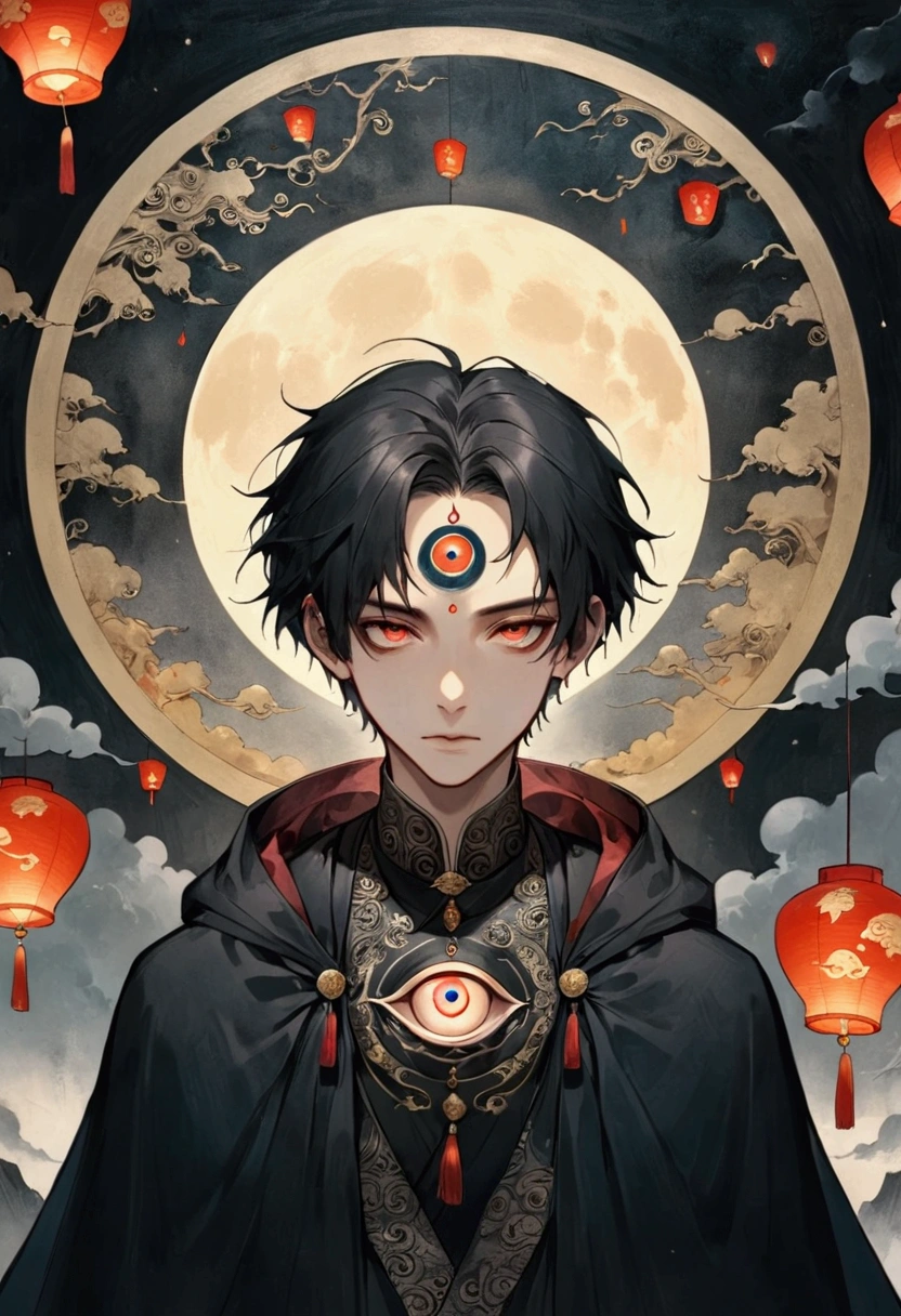 Art Illustration，Dark Style，(((1 Boy，独奏，third eye on the forehead，))),(((Hooded Cape：1.6，Eye Diagram，Dark Pattern))).whole body，Paper lanterns in the sky，Kongming Lantern，Death Stare。，moonlight