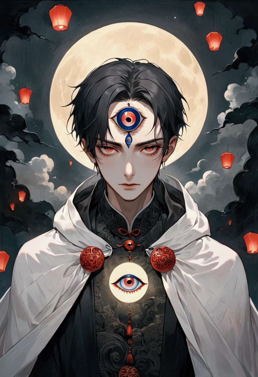 Art Illustration,Dark Style,(((1 Boy,独奏,third eye on the forehead,))),(((Hooded Cape:1.6,Eye Diagram,Dark Pattern))).whole body,Paper lanterns in the sky,Kongming Lantern,Death Stare。,moonlight