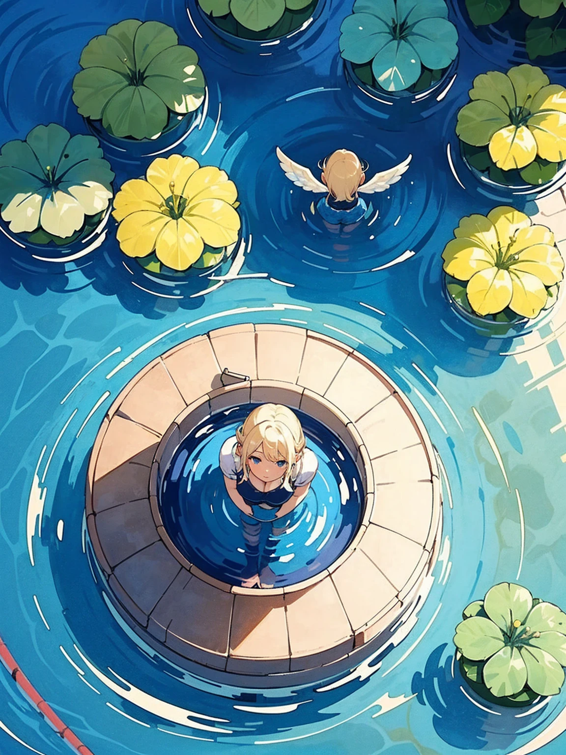 Woman walking on calm water, ((from above:1.5)), From above, Overlooking、Dancing Woman、Bottom Fish, Aquatic plants, Pool, Fish shadow
