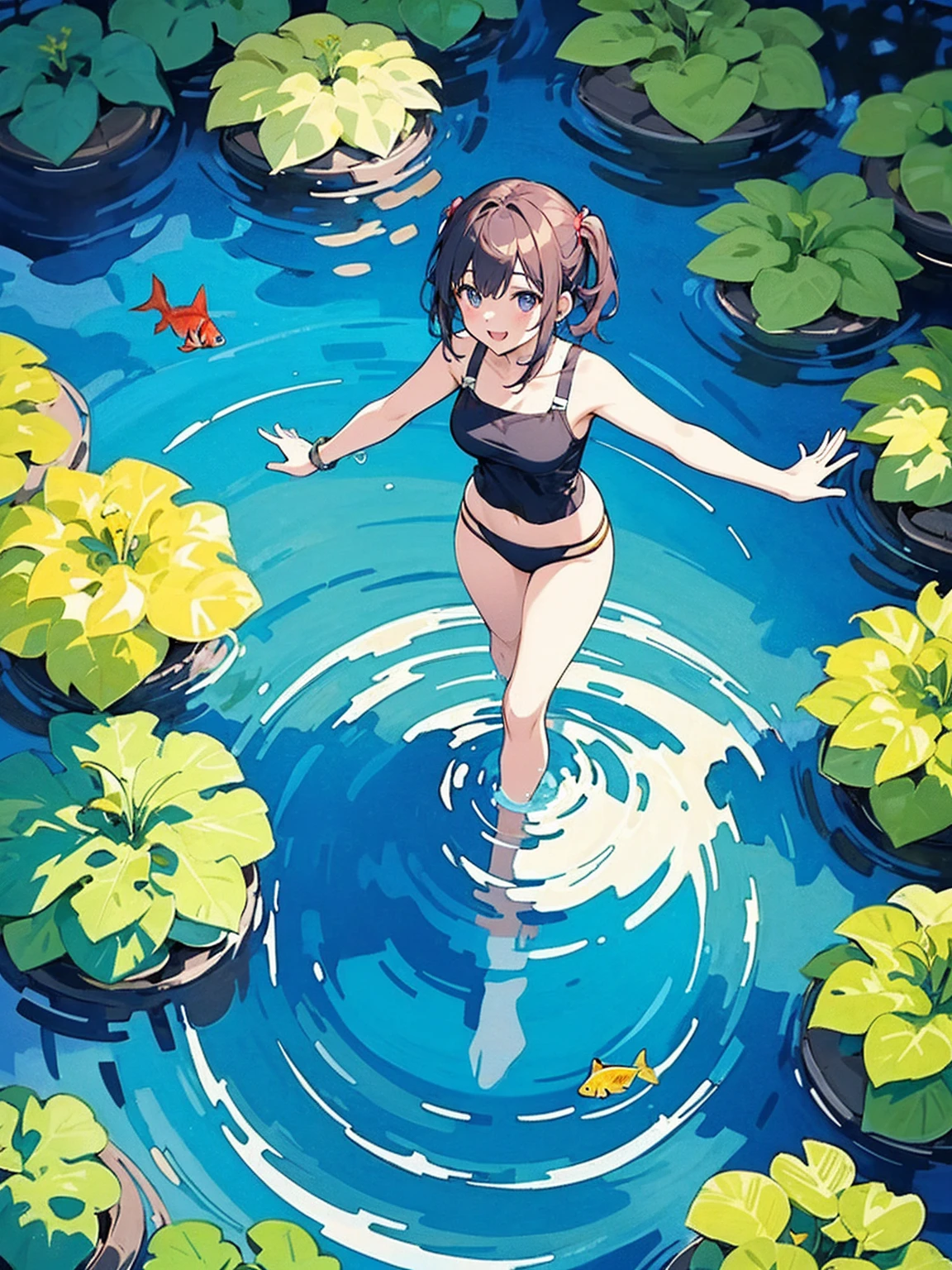 Woman walking on calm water, ((from above:1.5)), From above, Overlooking、Dancing Woman、Bottom Fish, Aquatic plants, Pool, Fish shadow