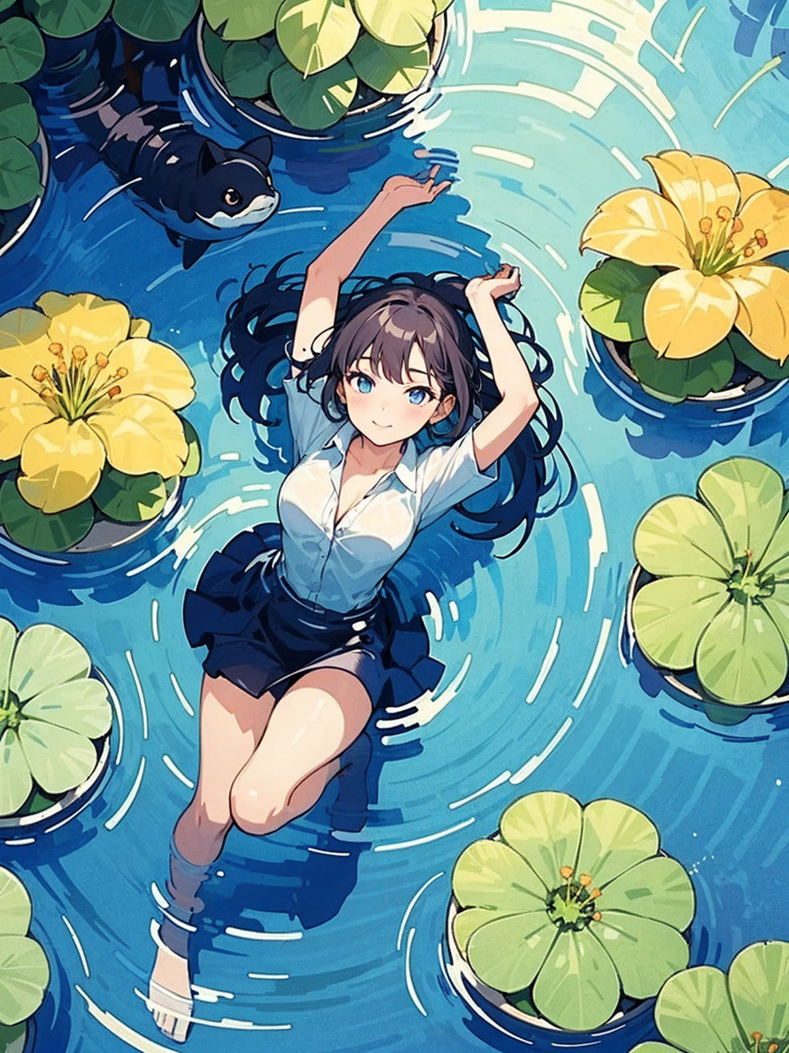 Woman walking on calm water, ((from above:1.5)), From above, Overlooking、Dancing Woman、Bottom Fish, Aquatic plants, Pool, Fish shadow
