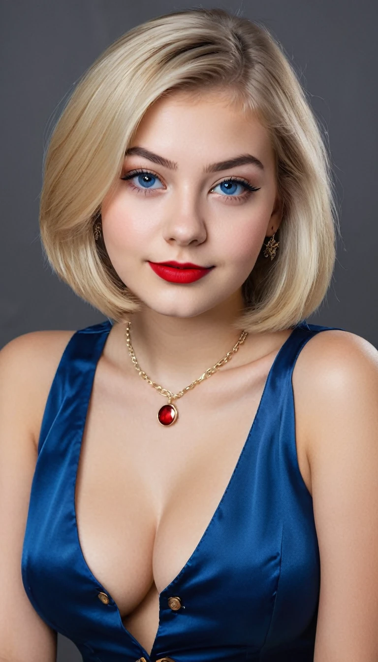 hyperrealistic beautiful busty 18-year-old girl with long legs wearing shiny metallic red-navy onepiece swimwear, model shooting full body photography, dyed white hair with curly bob, dark eye makeup with eyeliner, seductive smile, small necklace, 8K, Best quality, Meisterwerk, ultra high resolution, (Realismus: 1.4), Originalfoto, (realistische Hautstruktur: 1.3), (Filmkorn: 1.3), (Selfie-Winkel), 1 girl, Beautiful round hazel eyes and facial details, Meisterwerk, Best quality, posing indoor in the living room