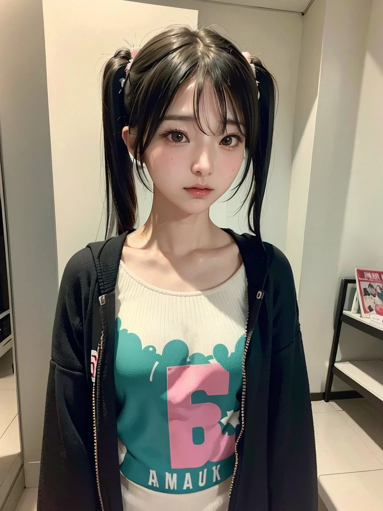 40-year-old Japanese woman、Black Hair、The hair is very short、Twin tails、Hatsune Miku's outfit、headphones、flat chest、Realistic photos、Realistic、8K quality、tall、No bangs、ID photo