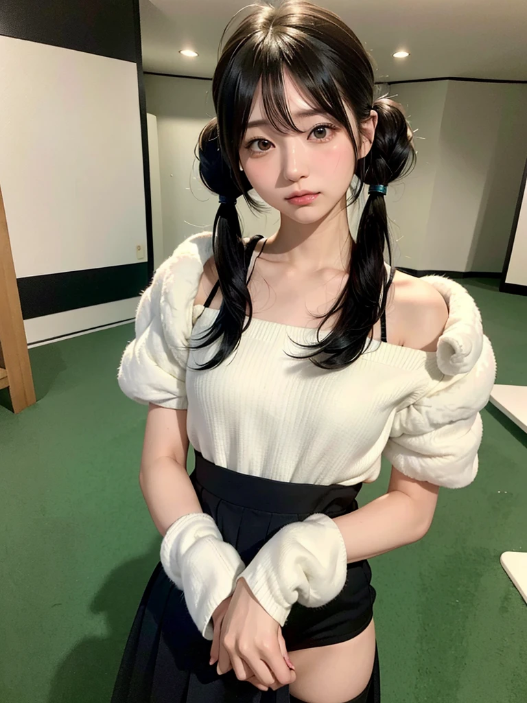 40-year-old Japanese woman、Black Hair、The hair is very short、Twin tails、Hatsune Miku's outfit、headphones、flat chest、Realistic photos、Realistic、8K quality、tall、No bangs、ID photo