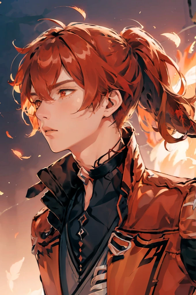 (masterpiece, best quality), 1 male, mature, aged up:1.4, tall muscular guy, broad shoulders, finely detailed eyes and detailed face, extremely detailed CG unity 8k wallpaper, intricate details, Fantasy, red hair, red flowers background,diluc (genshin impact), red eyes, ((red and orange bird feathers made of fire flying around him, lots of fire feathers)), red leather jacket, black collar, high ponytail red hair ((((flying red feathers))))