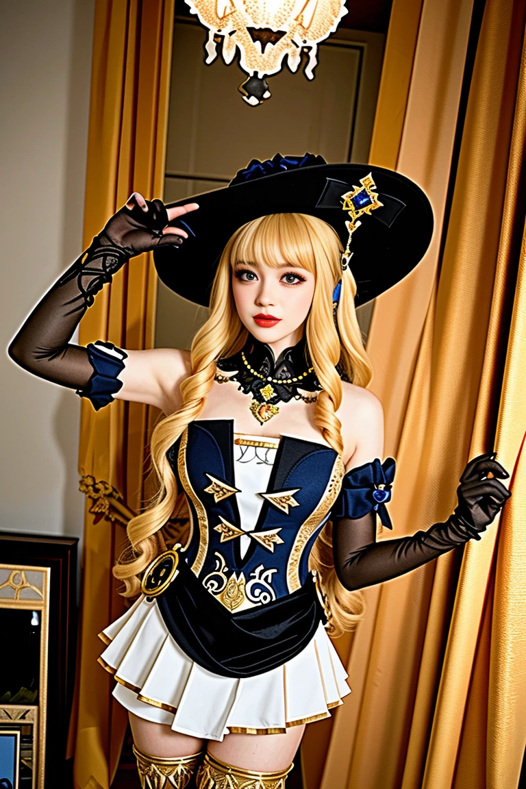 ulzzang-6500-v1.1,(raw photo:1.2),((photorealistic:1.4))best quality ,masterpiece, illustration, an extremely delicate and beautiful, extremely detailed ,CG ,unity ,8k wallpaper,  finely detail, best quality,extremely detailed CG unity 8k wallpaper,absurdres, incredibly absurdres, huge filesize, ultra-detailed, highres, extremely detailed,beautiful detailed girl, extremely detailed eyes and face, beautiful detailed eyes,light on face,cinematic lighting, 1girl, solo,hat,blonde hair, long hair, drill hair, twin drills,blue eyes, jewelry, flower, bare shoulders, black gloves,dress, thighhighs, thigh boots, boots, indoor, mirror, Curtain background, room,