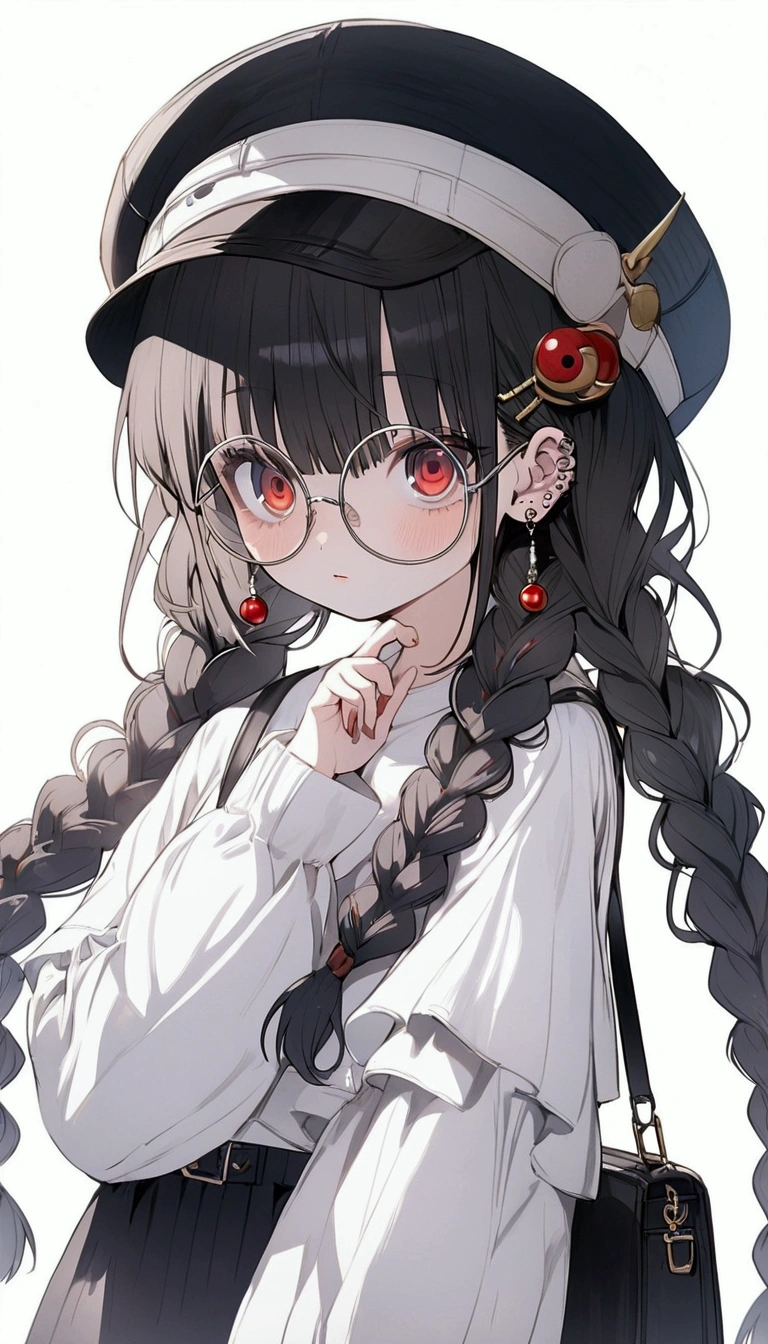 anime girl with black, oversized eyes and curly hair standing on a balcony, 1girl, solo, braid, long hair, black hair, twin braids, glasses, white background, round eyewear, hat, looking at viewer, shirt, red eyes, white shirt, simple background, long sleeves, bag, bangs, hair ornament, piercing