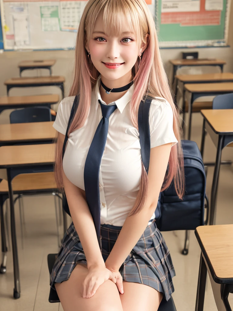 Mix 4, (8k, RAW Photos, Highest quality, masterpiece: 1.45), (Realistic, photoRealistic: 1.37), kitagawa marin,  (Blonde, Pink gradient hair), ((Long Hair, Sink bangs,Colorful Hair, Red eyes)),Pose like a model,((A bold pose with a bent forward stance))、(Sit with your legs wide apart:1.3)、Japanese women, ************,high School student、Model body type, (Big Breasts:1.3), Narrow waist, Beautiful Face, Beautiful Eyes, , jewelry,Earrings, White shirt, Shirt with tie, Black choker,  Blue tie, Checked skirt,  Grin, smile, Are standing, Cowboy Shot, inside the School、classroom、hight School, 1 girl, alone, Detailed face and eyes, Upper body photo. Realistic, Realistic.Marin Gyaru,School_uniform