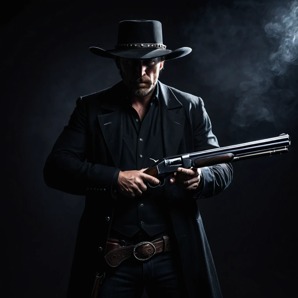 A badass cowboy in dark clothing, reloading a double barrel shotgun, dark shadowy background, cinematic lighting